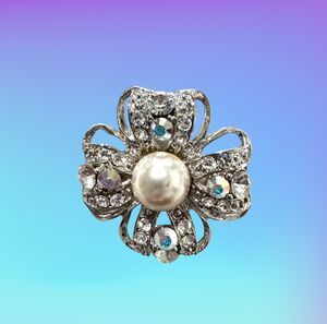 Rhinestone, Faux Pearl and Silver Plated Flower Brooch #22075